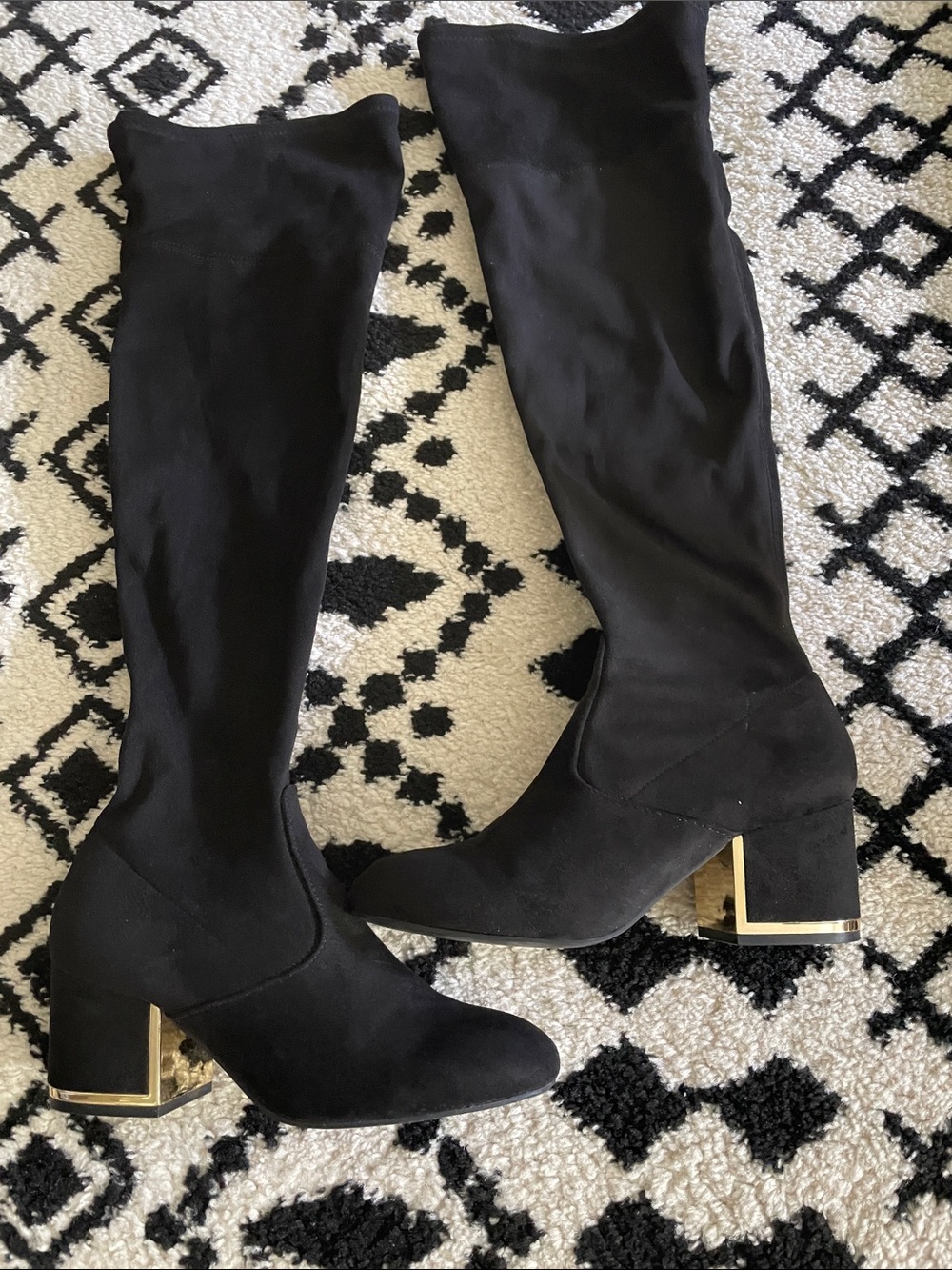 Expressions Black Over-the-Knee Block Heel Boots with Gold Accent